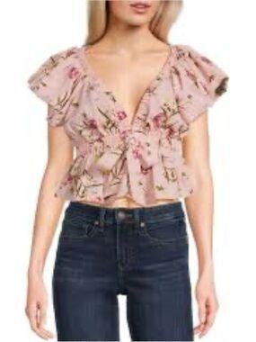 evolutionary Floral Tie-Front Ruffle Blouse - Pink